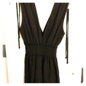 Black deep V neck linen romper